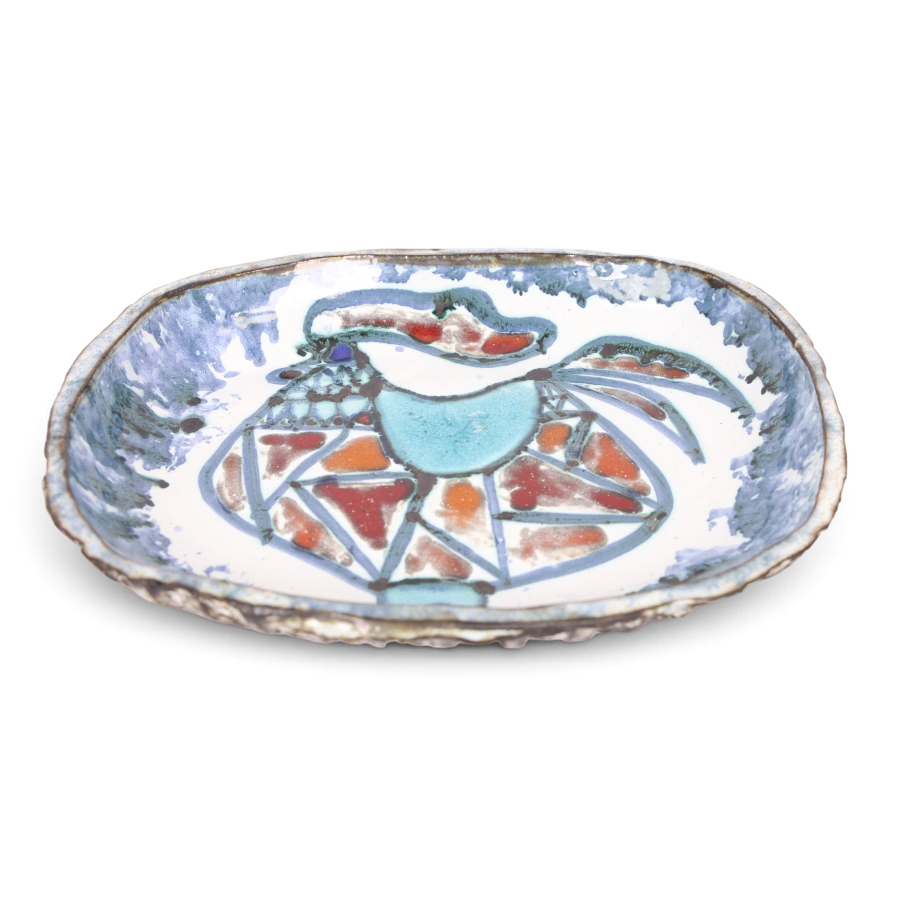 Adam Dworski (1917-2011) - oval dish, decorated to the centre with a stylised cockerel, signed beneath, L29cm, W24cm 