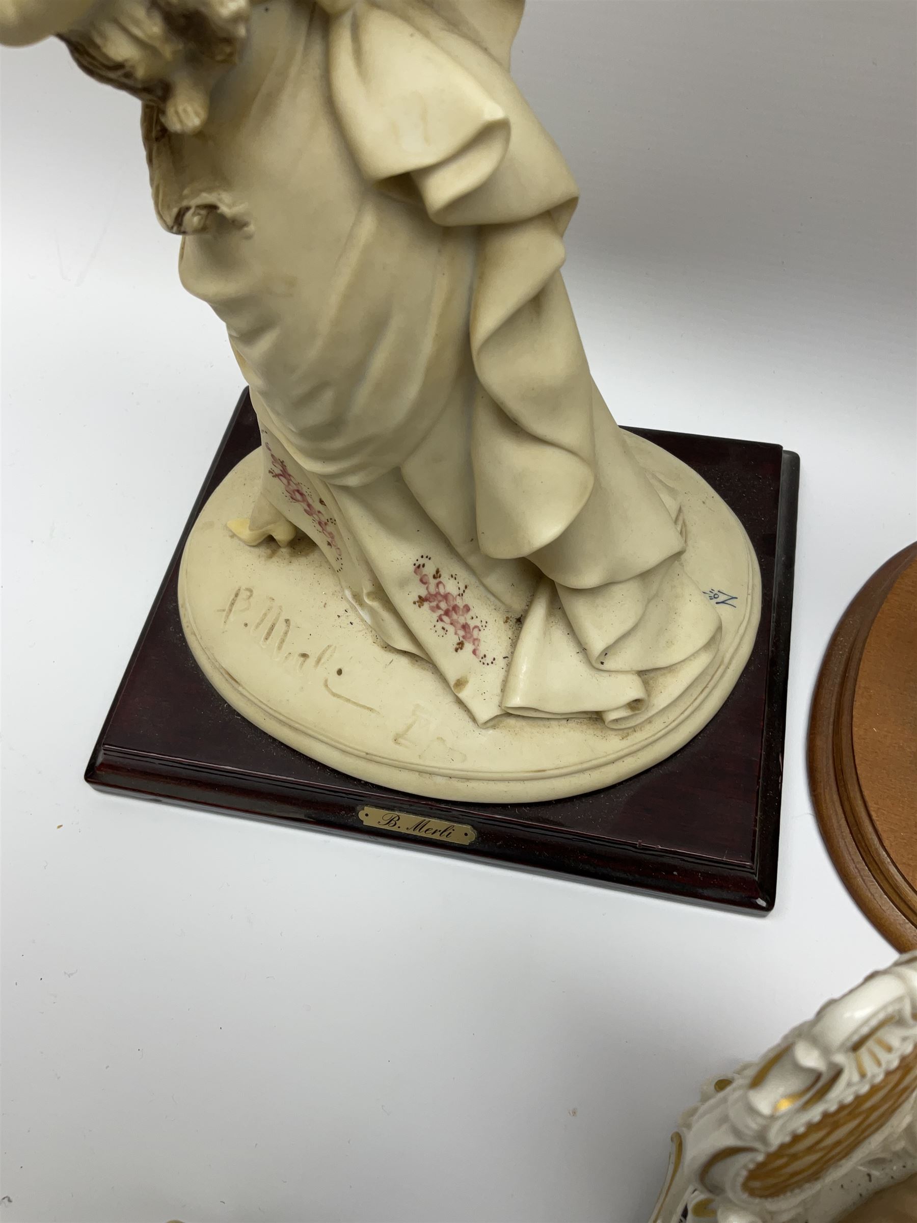 A small pair of Sitzendorf figures modelled as shepherd and shepherdess, H10.5cm together with a Dresden porcelain figure modelled as a female figure playing the piano, H17cm, a Naples figure with floral bouquet, H27.5cm,  a Naples figure holding a dog, H33cm, and a Leonardo Collection figure, Interlude, H24cm. 