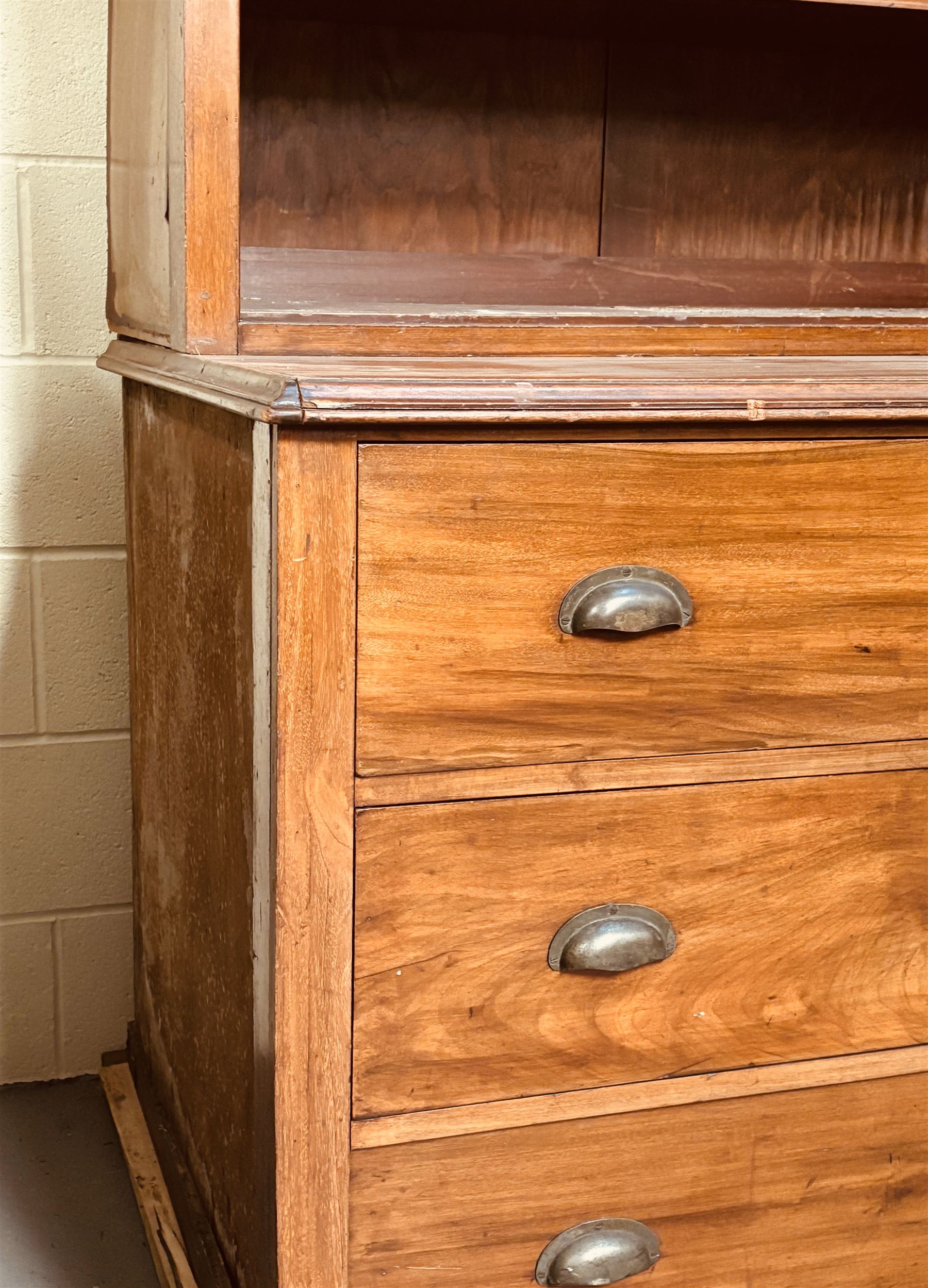 Large mahogany haberdashery cabinet shop fitting, early 20th century and later, the top section fitted with nine shelves, above nine deep drawers sliding out on rollers, on a skirted base. Disassembles for transport. H237cm, L373cm, D95cm.  - COLLECTION BY APPOINTMENT FROM: The White House, Thirsk Road, Easingwold, York, YO61 3NF - CALL 01723 507111 TO ARRANGE