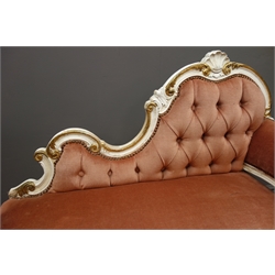  Small chaise lounge, back scrolled and carved with foliate and shell, deep button upholstered back and seat, cabriole legs, L100cm  