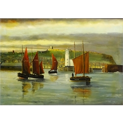  Robert Sheader (British 20th century): Fishing Boats in Scarborough Harbour at Dusk, oil on canvas signed 70cm x 100cm  