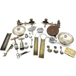 Assorted collectables, to include three table cigarette lighters, one marked Ronson, lawn tennis measure, thermometers, corkscrews, etc., in one box 