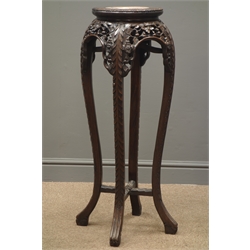  Late 19th century mahogany jardiniere, marble insert to circular top, pierced and carved foliate, four supports with stretchers, W37cm, H92cm  