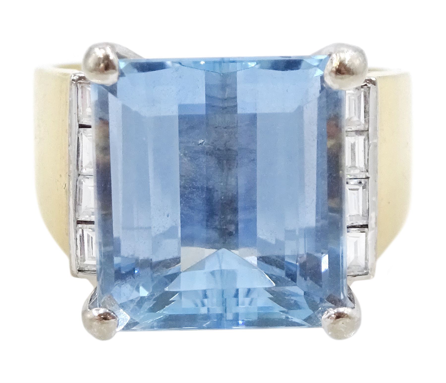 14ct gold aquamarine and diamond ring, emerald cut aquamarine with four baguette cut diamonds set either side, stamped 14K 585, aquamarine approx 6.55 carat