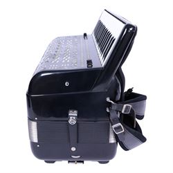 Borsini basso piano accordion, with 37 keys, the black high gloss case with carrying strap and in soft carrycase