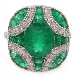  18ct white gold (tested) Art Deco style emerald and diamond ring  