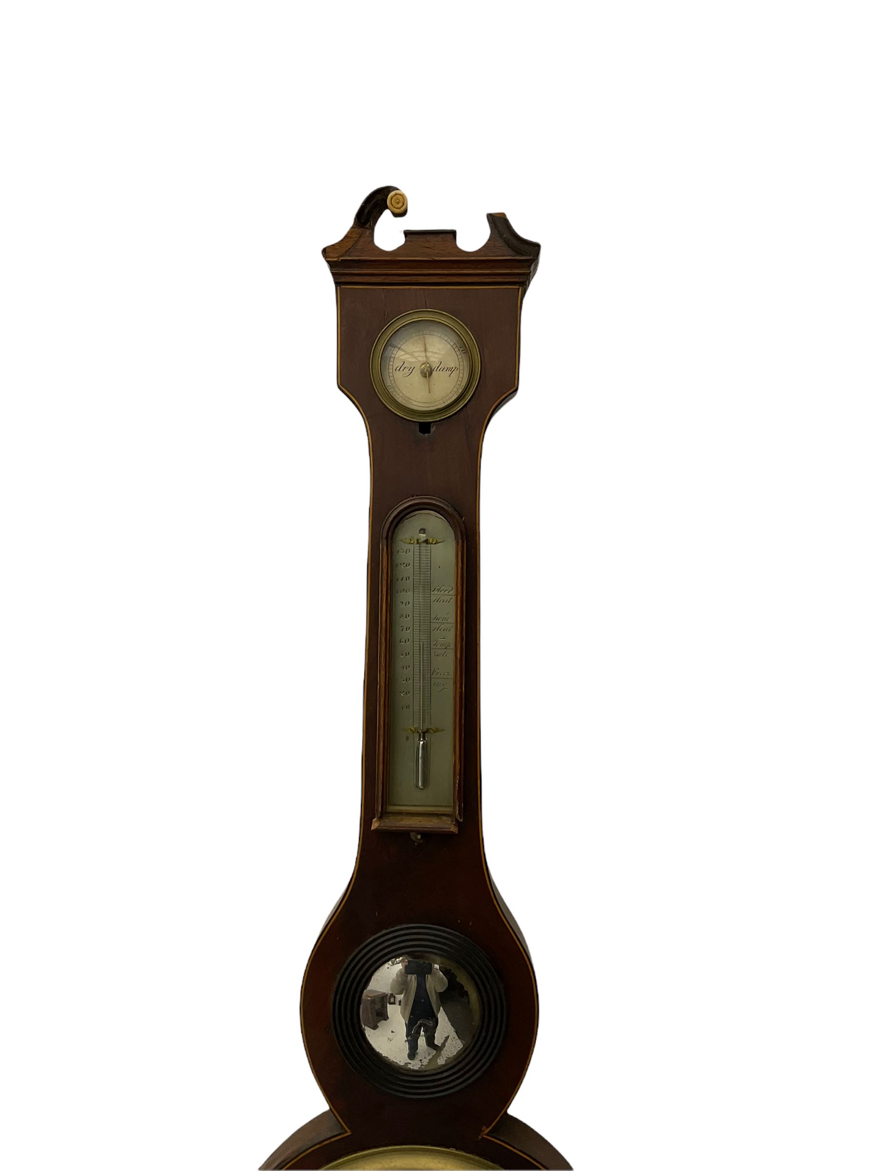 A mid Victorian mercury wheel barometer retailed by Thomas Grey of Newton Stewart, in a mahogany case with inlay to the edge, swans neck pediment and rounded base, with an 8” silvered register recording barometric air pressure from 28 to 31 inches with weather predictions, brass recording hand and steel indicating hand within a convex glass and cast brass bezel, silvered “butlers” mirror with reeded wooden surround and a round topped thermometer box with a mercury thermometer measuring degrees Fahrenheit, level bubble with silvered nameplate. H96cm
.

