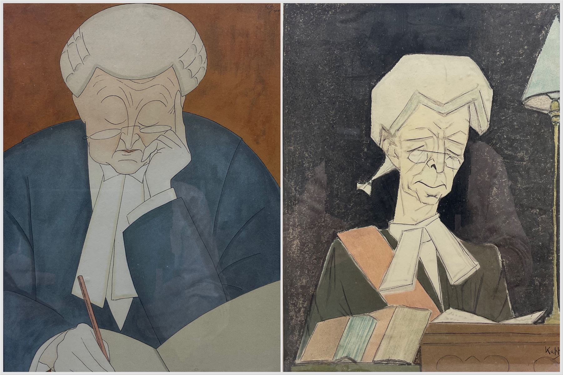Edmond Xavier Kapp (British 1890-1978): ‘The Hon Mr Justice Avory’ ‘Sir Edward Marshall-Hall’ Judges, two lithographs one signed in pencil and dated 1925,  together with a similar watercolour max 28cm x 20cm (3)