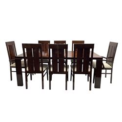 Large American walnut rectangular dining table on square block supports, together with set eight high back dining chairs with cream upholstered seats, the top and chair backs with matching inlaid geometric banding