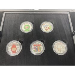 Two Queen Elizabeth II Bailiwick of Guernsey silver proof fifty pence five coin sets, comprising 2019 'Pantomime' and 2021 'Mr Benn', both cased with certificates 