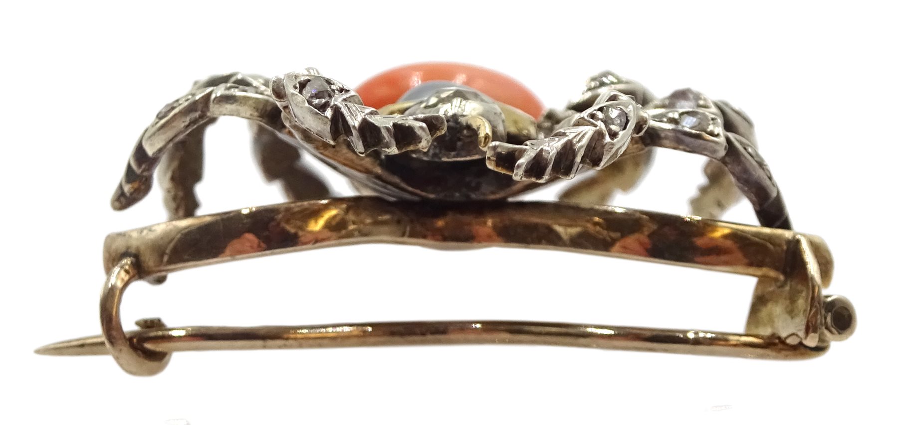 Victorian gold and silver spider brooch, set with diamonds, coral and a grey split pearl 