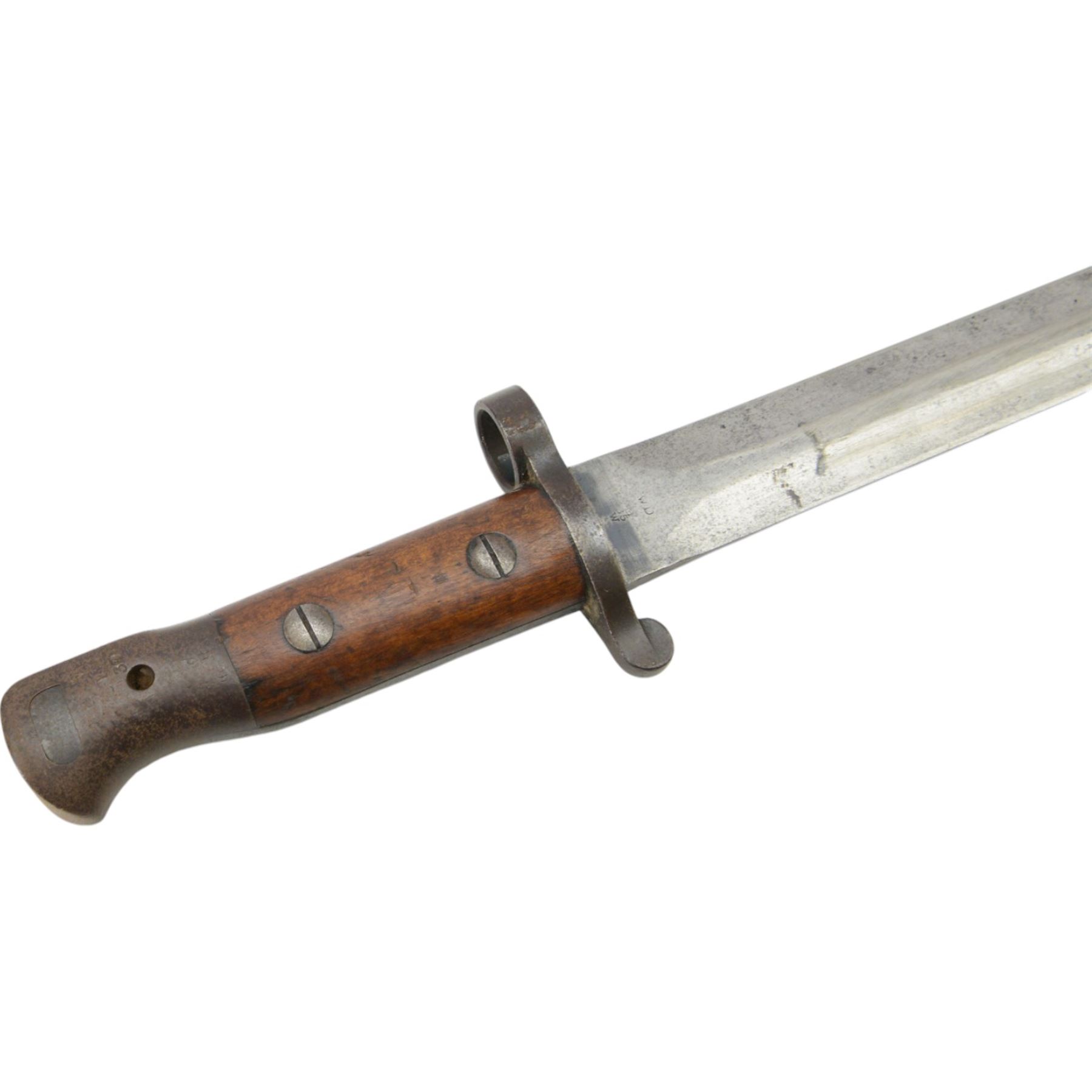  British 1903 pattern SMLE bayonet by Wilkinson London, marked 1903 Wilkinson London to the blade, in scabbard, with leather frog, together with German K98 bayonet with metal scabbard 