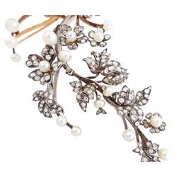 19th century gold and silver diamond and pearl en tremblant detachable brooch, the flower tremblant with a principal old cut diamond of approx 1.90 carat, the petals and stamen set with old cut and rose cut diamonds, total diamond weight approx 9.10 carat, to a foliate spray set set with further rose cut diamond and white / pink / cream pearls and ribbon tie