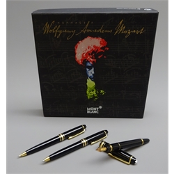  Writing Instruments - Montblanc presentation set of three fountain pen '14K' gold nib, ballpoint pen and propelling pencil 'Hommage A Wolfgang Amadeau Mozart' with CD, with box (3)   