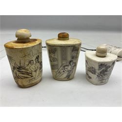 Three bone oriental scent bottles with erotic scenes, together with netsukes and similar items 