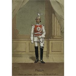 P W Reynolds (British 19th century): 'Prussia - Garde Du Corps Officer in Court Parade Uniform', watercolour and gouache signed inscribed and dated 1895, 29cm x 20cm
