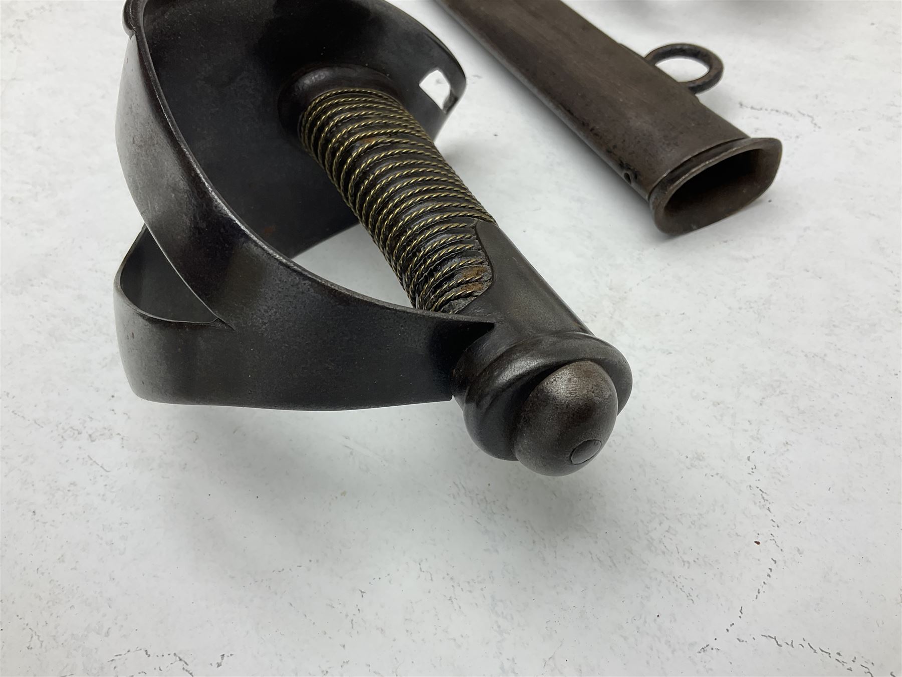 19th century Imperial German army heavy cavalry officers sword by Schnitzler and Kirschbaum, with 89cm single fullered steel blade and sheet steel basket hilt with teardrop cut-out and wire-bound leather grip L107.5cm overall; in steel scabbard with two suspension rings; and British Army 1822 Pattern Infantry Officer's sword in associated scabbard (2)