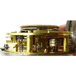 George III silver pair cased verge fusee pocket watch by Richard Tompion, Liverpool, No. 3801, round baluster pillars, pierced and engraved balance cock decorated with a heart, white enamel dial with Arabic numerals and outer quarter markers, beetle and poker hands, bull's eye glass, case by Henry Harding, Birmingham 1792