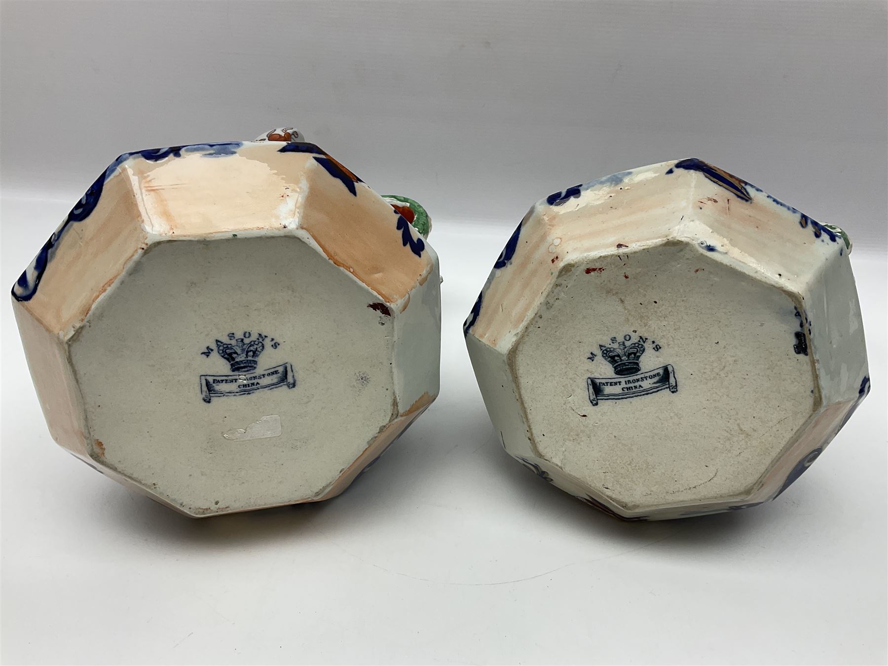 Two Masons Ironstone jugs, each in the Imari palette with serpent handles, with maker's mark beneath, tallest H24cm