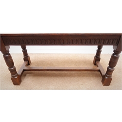  17th century style oak rectangular refectory dining table, turned supports, joined by single floor stretcher, W168cm, H76cm, D71cm  