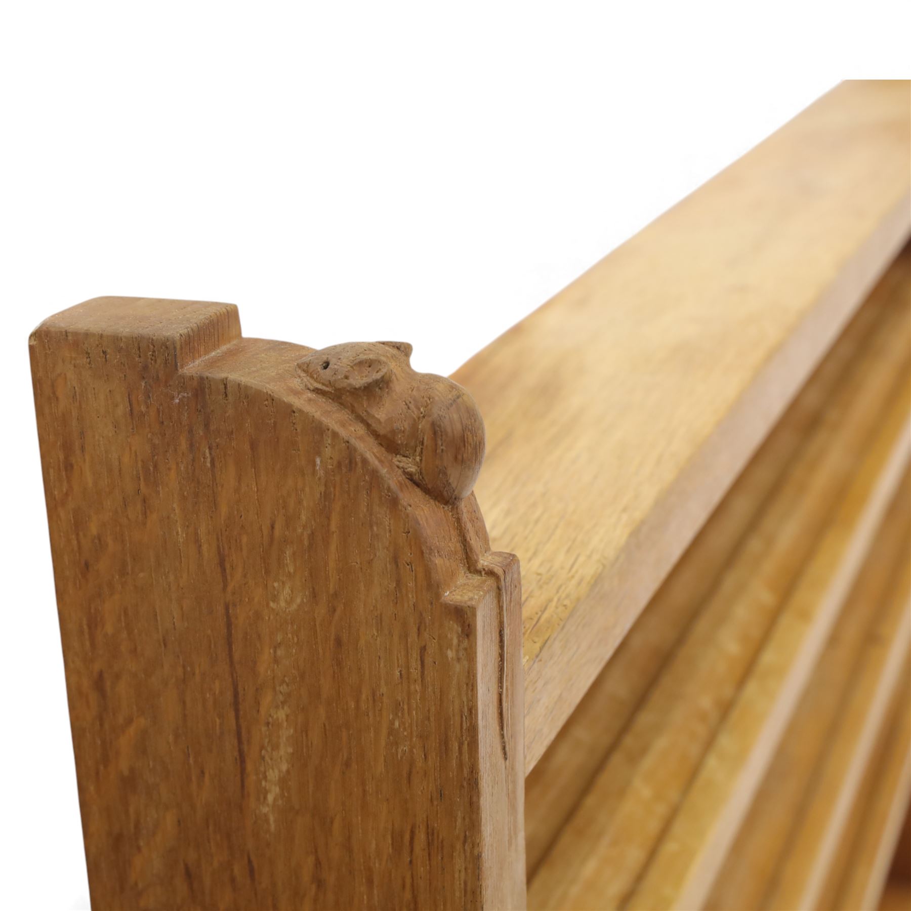 Mouseman - oak plate rack, with five shelves each with twin grooves, wall mountable, with signature mouse carving by Robert Thompson of Kilburn