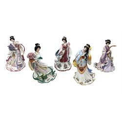 Five Danbury Mint Princess figures by Lena Liu, comprising Harp Princess, Plum Blossom Princess, Chrysanthemum Princess, Rose Princess and Iris Princess, one with certificate, all with marks beneath
