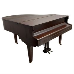 Challen - Sapele mahogany baby grand piano, with a 7-1/4 octave 88 key compass, iron frame with original stringing, hammer heads, dampers and tuning pins, Una cords and sustaining pedals (W146cm, H103cm, D152cm); together with matching duet stool (W92cm, H49cm, D35cm)