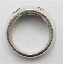  18ct white gold ring, set with yellow and white diamonds, emerald, ruby and sapphire hallmarked  