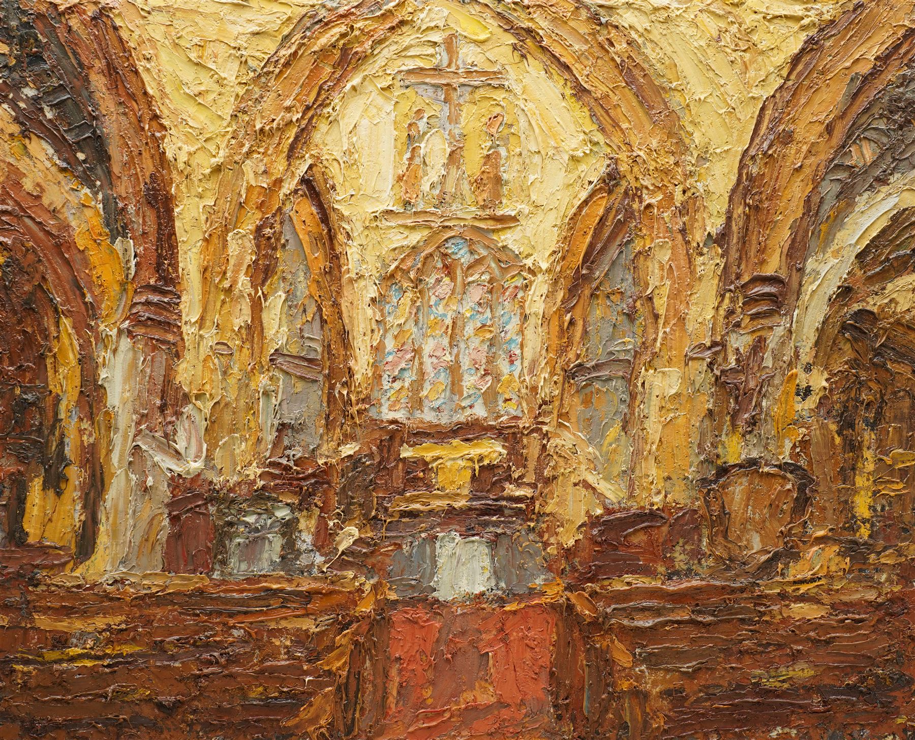 Barry De More (Yorkshire 1948-2023): 'Church Interior', oil and impasto on board signed and titled verso 25cm x 31cm
