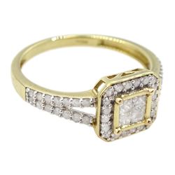 9ct gold vari-cut diamond square cluster ring, with pierced diamond set shoulders, hallmarked, total diamond weight approx 0.75 carat