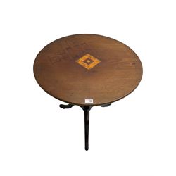 19th century mahogany circular tilt-top tripod table, with central satinwood panel