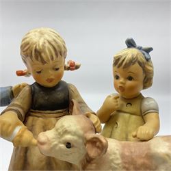 Large Hummel figure group by Goebel, Farm Days, modelled as four children feeding a calf, limited edition 2980 of 5000, H18cm