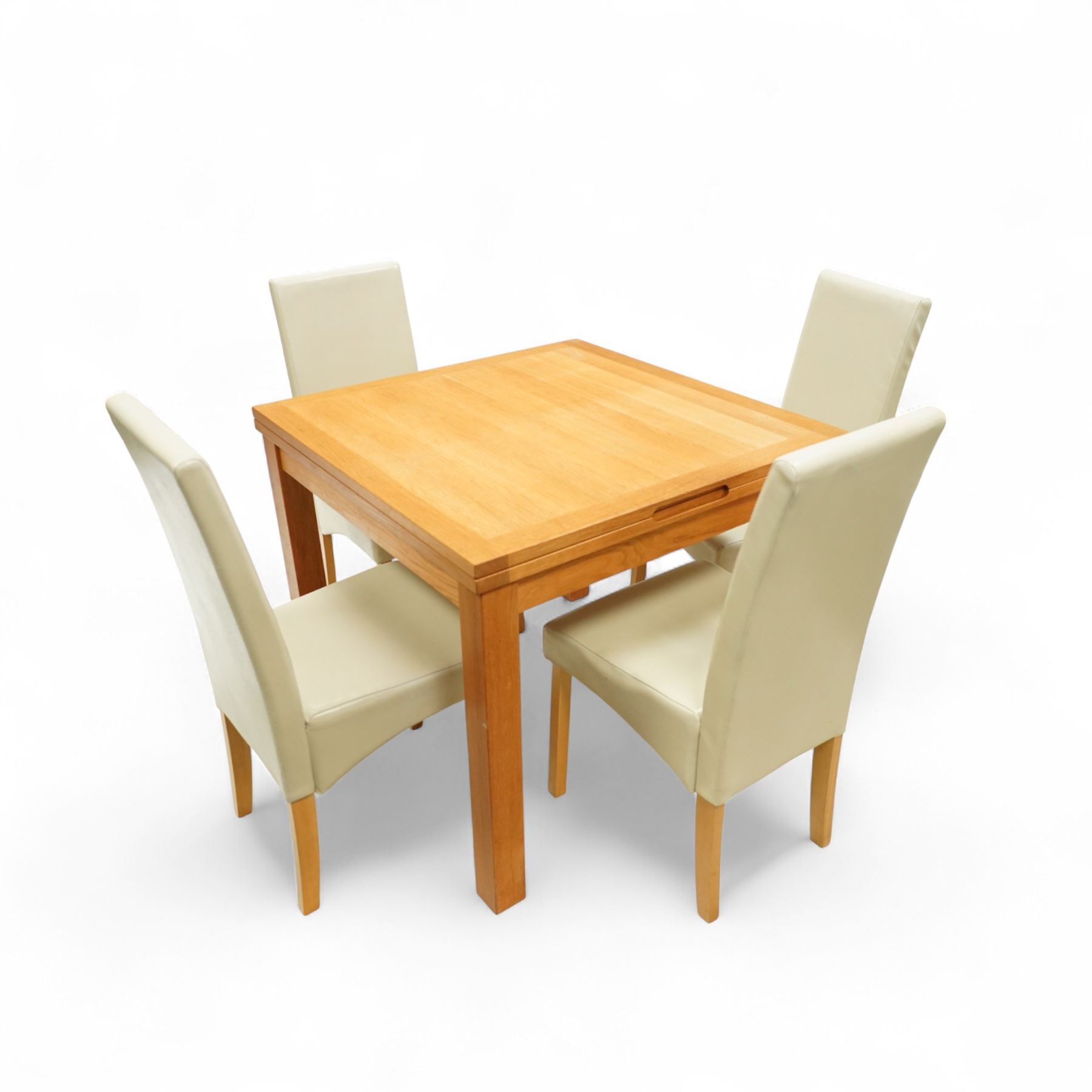 Laura Ashley - contemporary dining suite, comprising square extending oak veneered dining table with fold out leaf, together with four high back dining chairs upholstered in cream faux leather with pale wood legs