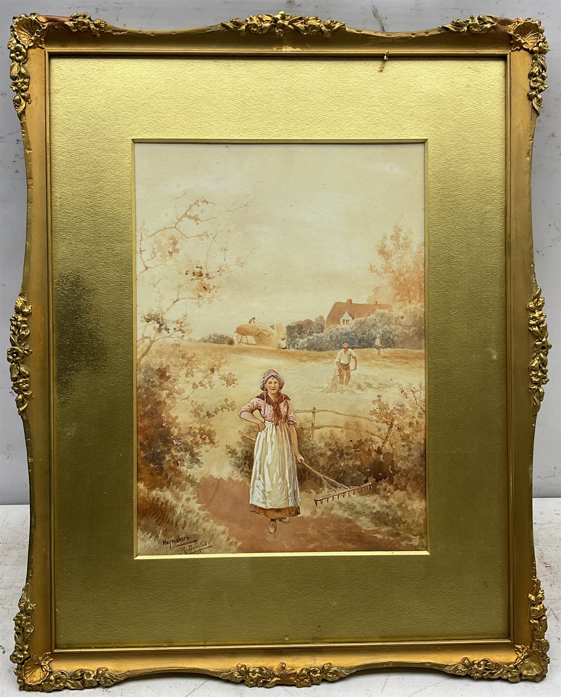 Rose Douglas (British exh.1893-1898): 'Haymakers', watercolour signed and titled 35cm x 25cm