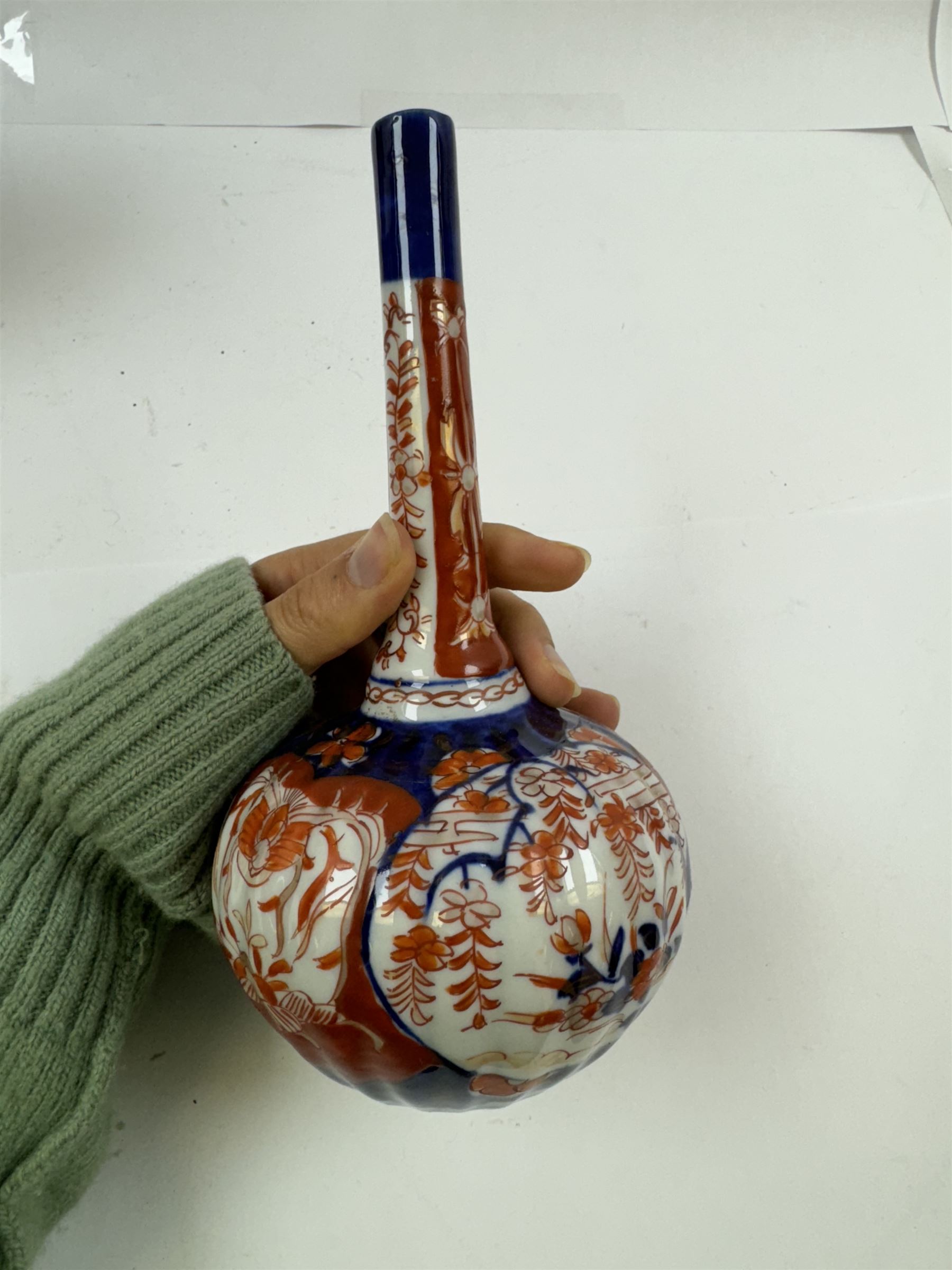 Three pairs of Imari vases, including a pair of baluster form with covers with foo dog finials, tallest H21cm 