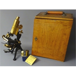  Early 20th century black japanned & lacquered brass monocular 'Edinburgh' Microscope, stamped W.Watson & Sons High Holborn, No.26613, with rack & pinion coarse and fine adjust, three objective turret on three outsplayed feet, in fitted mahogany case with additional objective, filters etc   