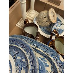 Villeroy & Boch Cheyenne pattern part tea service, pair of ceramic candlesticks, blue and white platters and plates, wooden stands etc