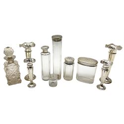 Four piece matched silver mounted cut glass dressing table set, the covers with engraved monogram and two pair of silver trumpet specimen vases, all hallmarked