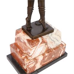 After Demétre Haralamb Chiparus (Romanian 1886-1947): Art Deco style bronze figure modelled as a dancer with outstretched arms, signed to the stepped bronze base and also bearing foundry stamp, upon a tapering marble plinth, overall H49cm
