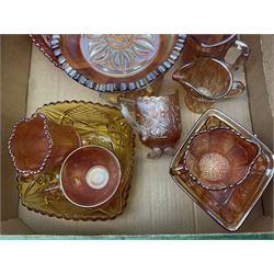 Collection of orange carnival glass, including jugs, dishes, vases etc, in two boxes 