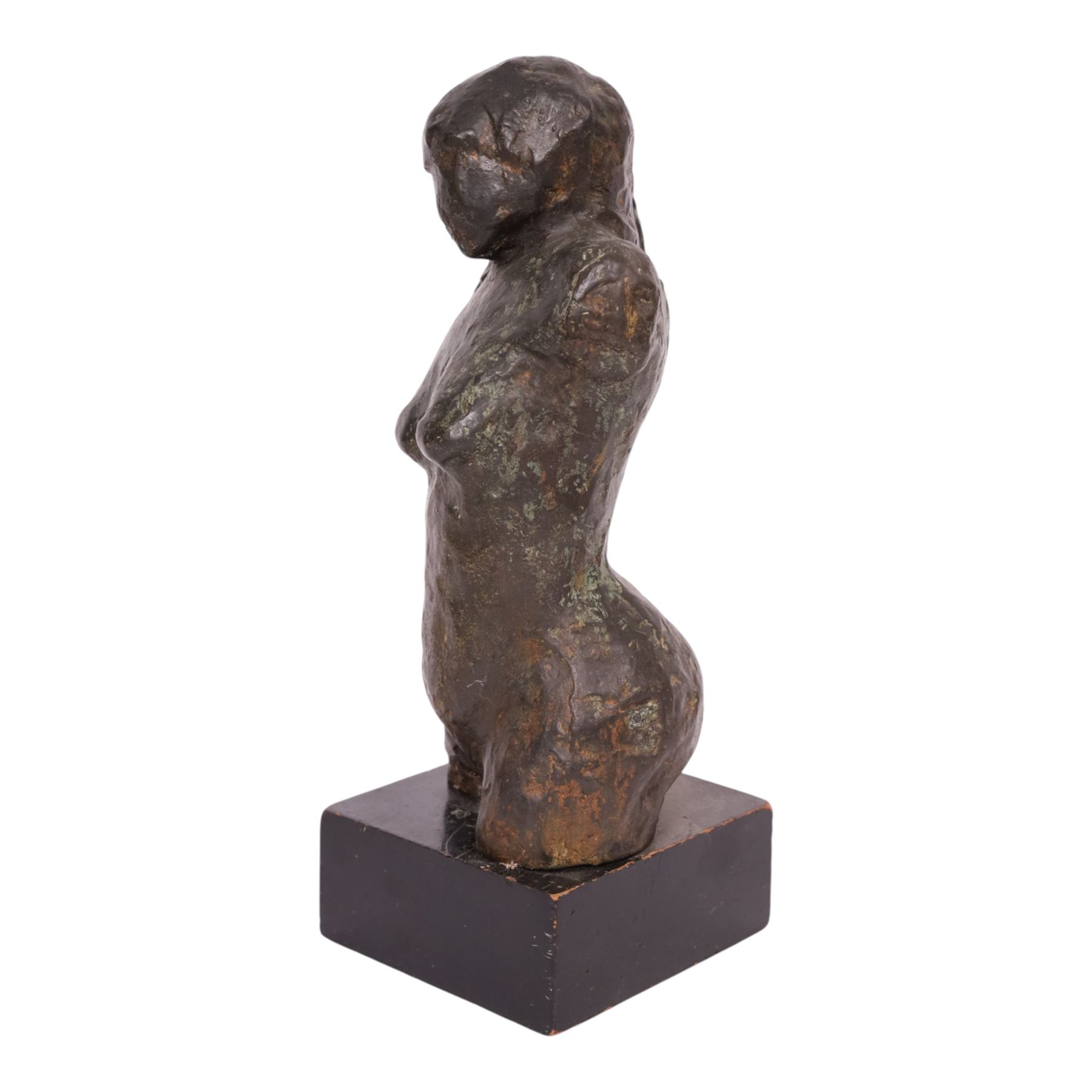 Bronzed sculpture modelled as a female torso, upon a square plinth, H39cm 