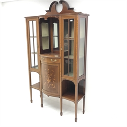 Edwardian inlaid mahogany breakfront display cabinet, swan neck pediment, mirrored centre, two glazed doors flanking central single drawer and cupboard, square tapering supports on spade feet, W123cm, H210cm,  D45cm