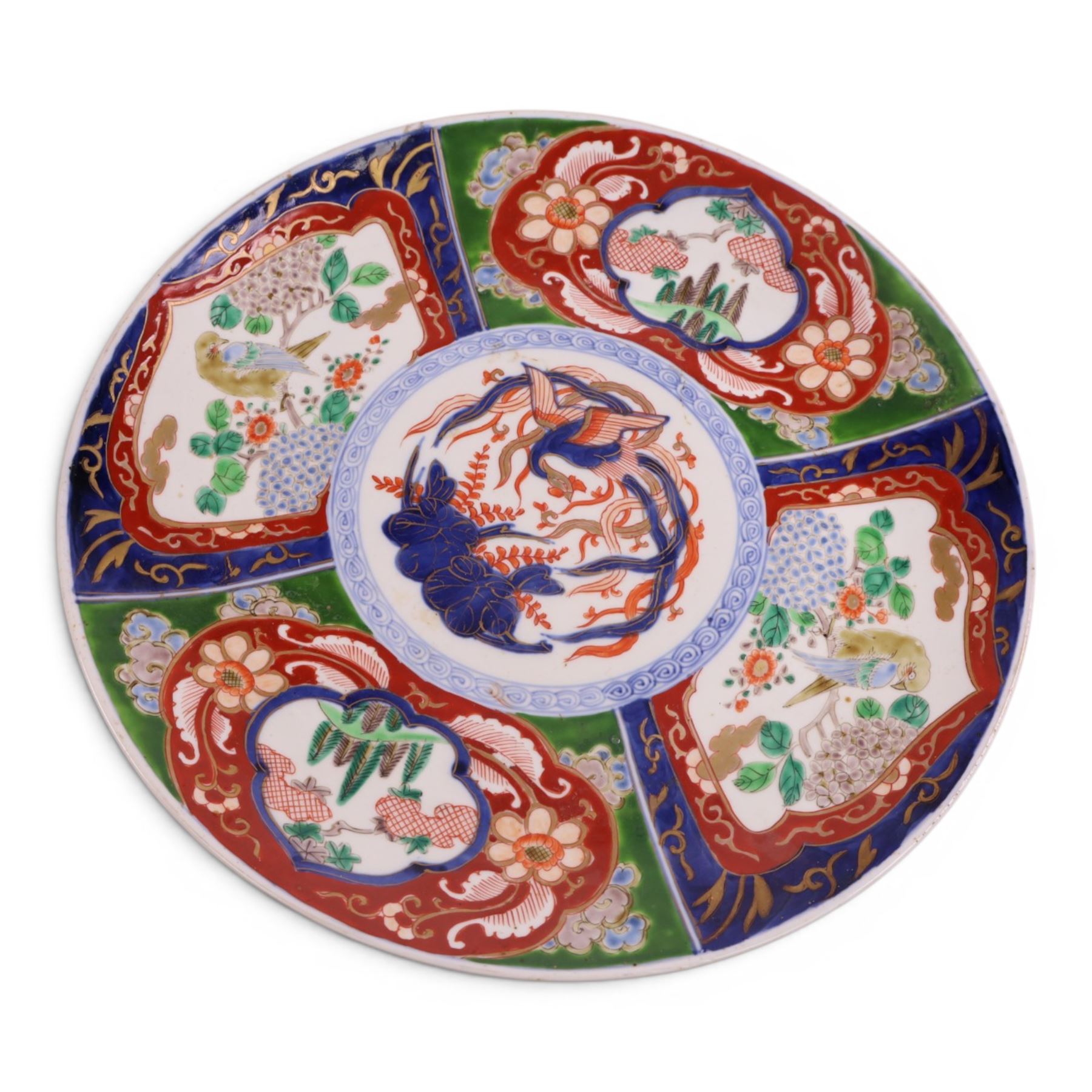 Imari vase decorated with peonies and blossoming branches, together with an imari charger, vase H31cm
