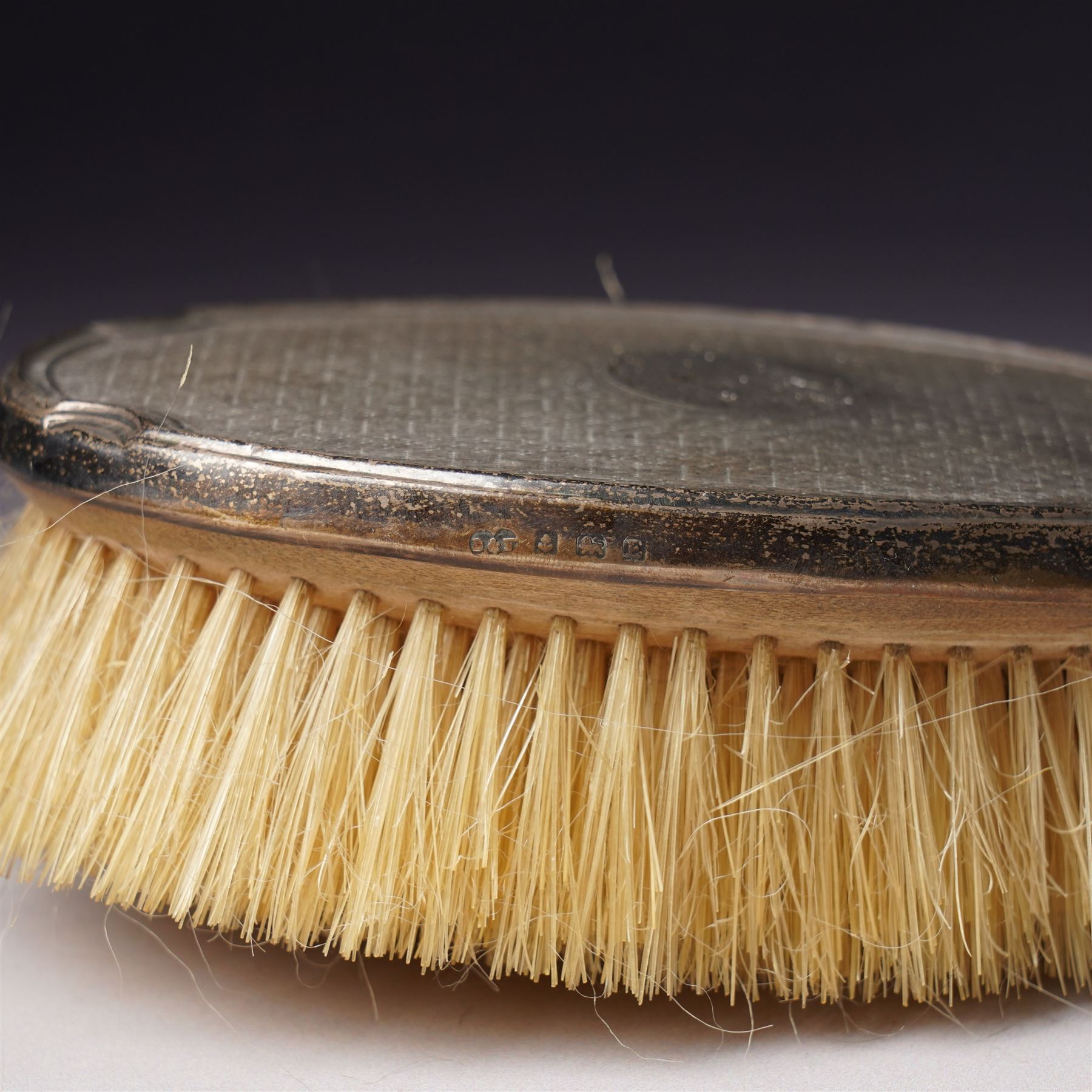 Five piece silver backed dressing table set Birmingham 1929 Maker Deakin & Francis Ltd and a Victorian glass globe scent flask with screw off silver cover  