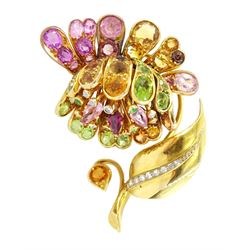 Gold multi gemstone flower set brooch, sapphire, peridot, tourmaline, garnet and topaz set petals and diamond set leaf