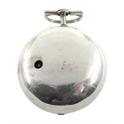 18th century silver pair cased verge fusee pocket watch by Alexander Hare (London ca.1781-1824), No. 200, square baluster pillars, pierced and engraved balance cock, white enamel dial with Roman hours and outer Arabic minute ring, beetle and poker hands, case makers mark G H, London 1770, with a fabric watchpaper embroidered with map of Europe