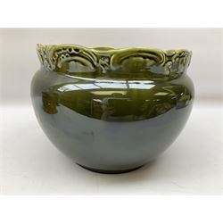 Wedgwood majolica comport, moulded with basket weave and foliage decoration, together with Imperial & Bonn and Sylvac jardinières, sylvac H18cm