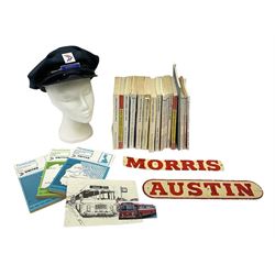 Collection of United Automobile Services Limited time table books, from 1959 onwards, tin plate Austin and Morris signs, together with United bus hat, 1937 Hull Coronation souvenir etc