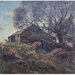 Herbert F Royle (British 1870-1958): Hilltop Barn with Sheep Grazing, oil on canvas signed 45cm x 45cm