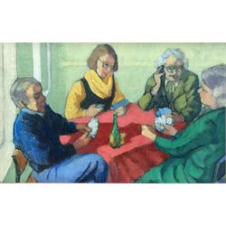 M Mackenzie (British 20th century): 'The Card Players', oil on board unsigned, inscribed and dated 1985 verso 22cm x 35cm